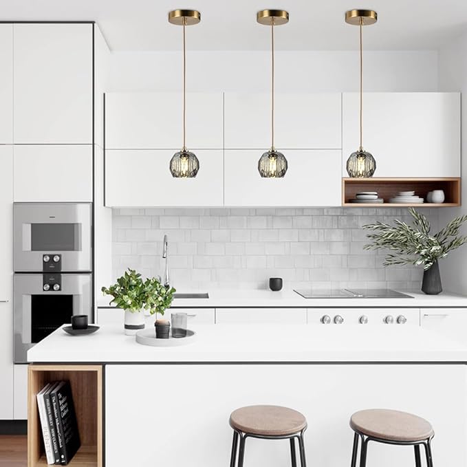 Modern Pendant Lighting, Smoke Crystal Small Pendant Light Fixture for Kitchen Island, Brushed Brass Ceiling Light Single Pendant Light for Dining Room Bathroom