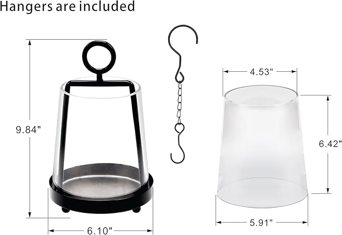 6" Wide Modern Farmhouse Metal Hurricane Candle Holder with Handmade Sturdy Glass Sleeve in Black for Pillar Candle & Plants, Glass Hurricane Lantern, Industrial, Minimalistic