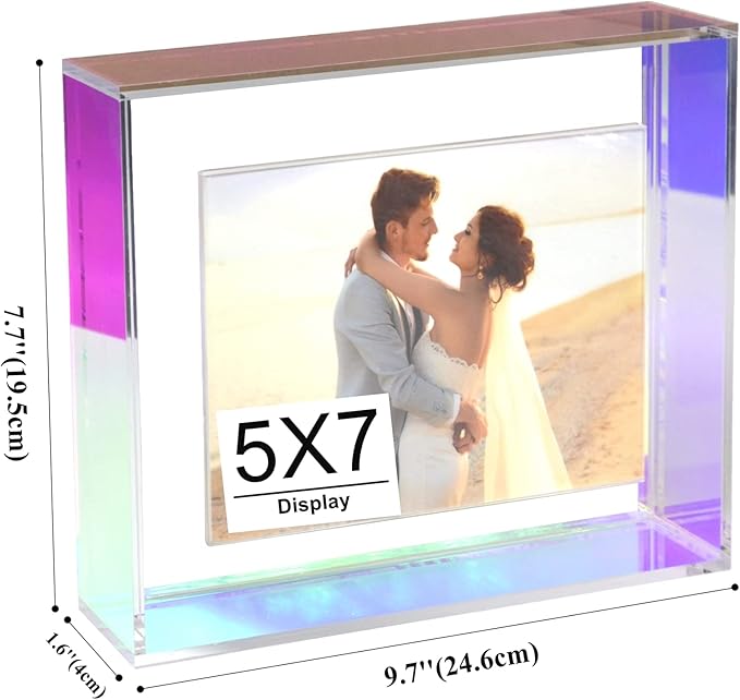 5x7 Acrylic Picture Frame Neon Floating Photo Frame for Wall Mount and Tabletop Decorative in Gallery Home Office, Iridescent