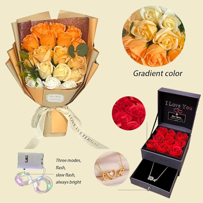 EIGHTOWN Roses Bouquet Artificial Flower - Preserved Orange Rose Flowers with Love Necklace for Her - Unique Gifts Valentine's Day, Mother's Day, Thanksgiving, Birthday, Anniversary