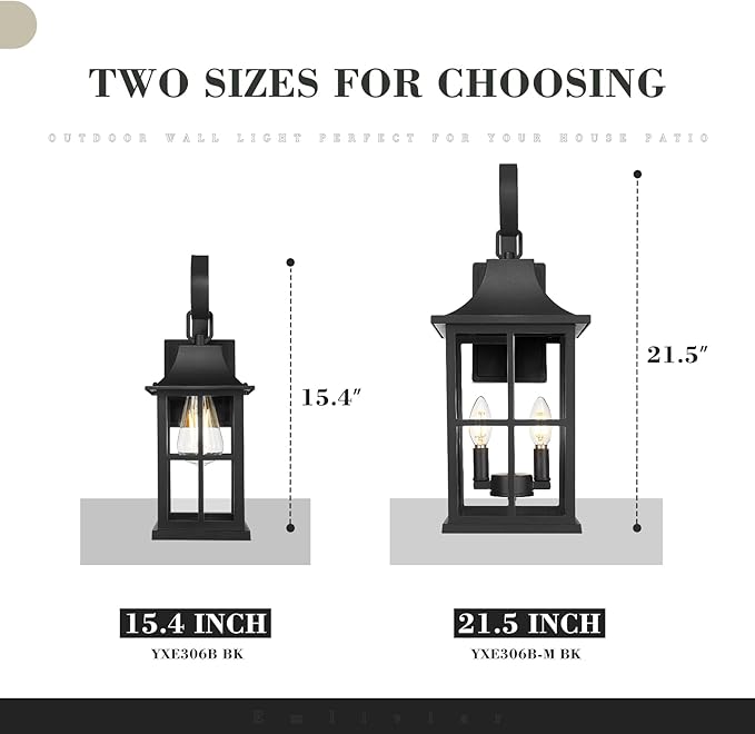 Emliviar 21.5" Large Wall Mounted Light Fixture, Classic Black Exterior Light Fixture 2-Light with E12 Base, Porch Lighting with Clear Glass Shade, YXE306B-M BK