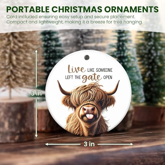 Christmas Highland Cow Gifts for Women Men - Ceramic Christmas Ornaments 2025 for Xmas Tree Decorations - Farmhouse Cow Ornament, Animal Lover Gifts for Friends Family Farmers Home Decorations