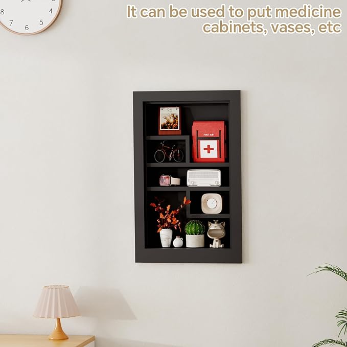 Solid Wood 14 X 24 Recessed Medicine Cabinet,3-Tier, Medicine Cabinet Organizer,Wall Niche, Bathroom Wall Cabinet, Recessed Bathroom Cabinet, Bathroom Cabinet with Storage Black