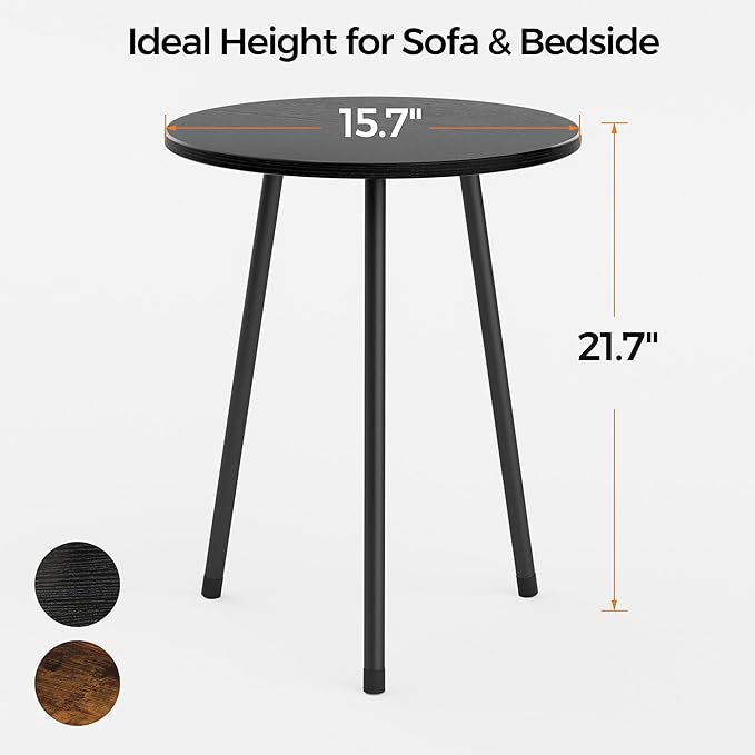 15.7" Round Side Table, Small End Table for Living Room & Bedroom, Wood Grain Accent Table with Sturdy Metal Legs, Easy Tool-Free Assembly, Nightstand for Small Spaces, Black