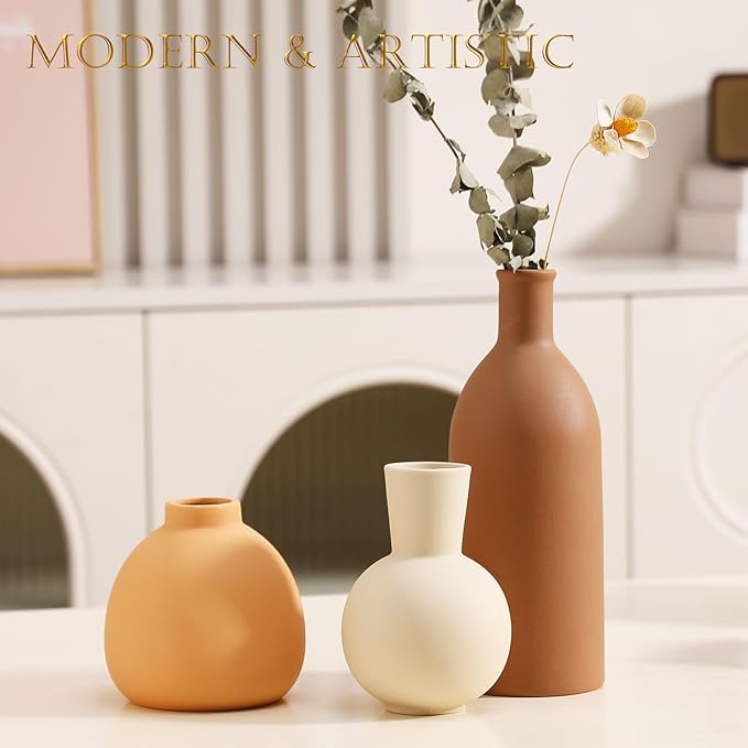 Ceramic Vase Set of 3 - Handcrafted Ceramic Vases for Home Decor & Shelf - Modern Farmhouse Decor for Kitchen, Office, Bedroom & Living Room Decorative Objects for Mantel, Table Centerpieces