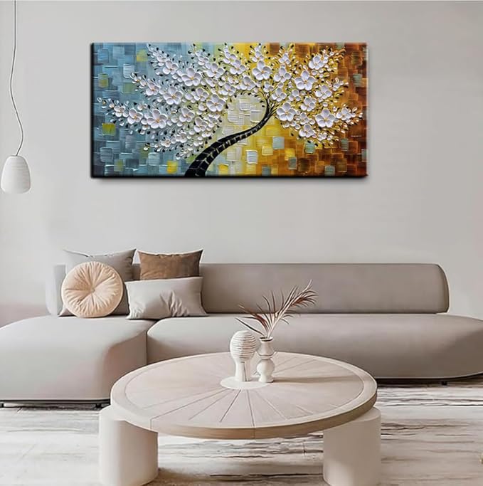 YaSheng Art-Handmade White Flower Contemporary Art Oil Painting On Canvas 3D Texture Abstract Tree Paintings Modern Home Bedroom, Dining Room, Wall Art Decor Ready to Hang20x40inch
