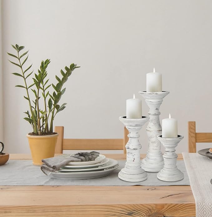 Candle Holder Stand Wooden, Pillar Candle Holders, Unity Candle Holders, Rounded Turned Colums, Country Style Ideal for Gift, Wedding, Christmas, Party, Spa - 10,8,6 Inch- Set of 3 - Antique White