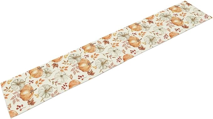Pumpkin Table Runner Fall Orange White Colorful Leaves Berries Thanksgiving Watercolor Illustration Rustic Decor for Farmhouse Indoor Outdoor Party Holiday Dining Kitchen Restaurant Cafe W13xL72in