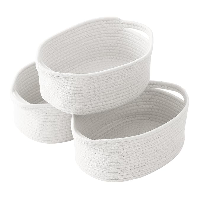 3 Pack Small Woven Rope Basket-Empty Gifts Basket with Bag and Ribbons,Cute Handle Organizer Box for Birthday/Baby Shower, Toy Storage, Nursery Organizing & Shelf Decor(White)