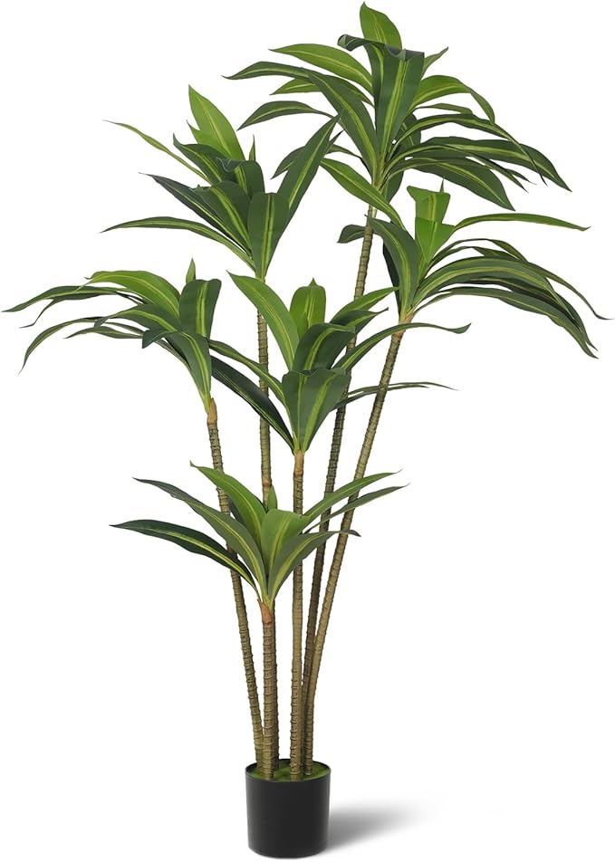 5FT Artificial Tree Dracaena Plant in Decorative Pot-Realistic Fake Plant for Indoor Outdoor Use,Home Office Living Room Decor,Real Touch Leaves,Housewarming Gift,Black Planter