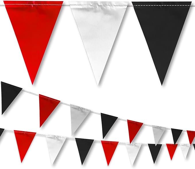 Red & White & Black Pennant Banner Flags | OSHA 500lb Rated | Strand Fade Resistant 【102FT】