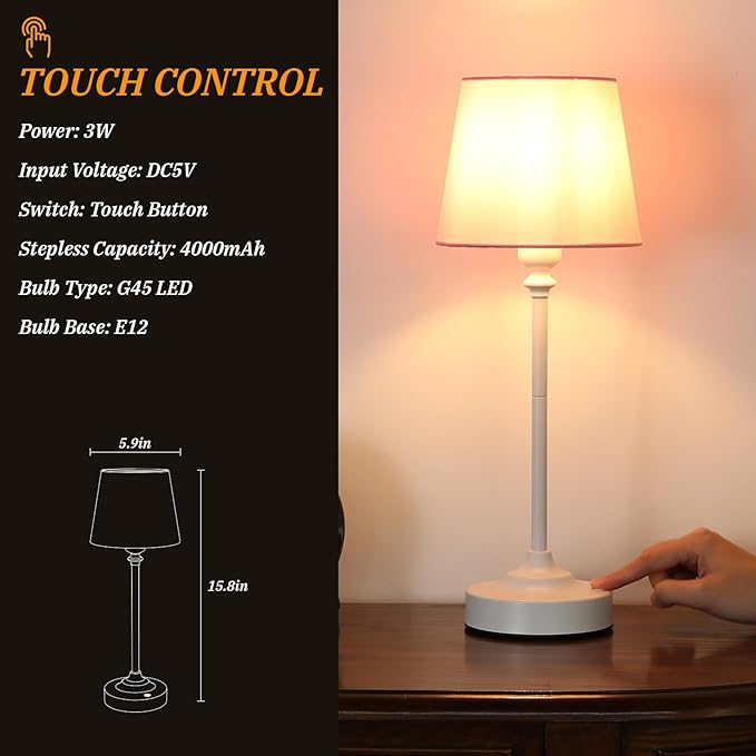 Cordless Table Lamps Rechargeable Set - 2 Pack White 4000mAH Battery Operated Lamps for Decor, 3000K Stepless Dimming Touch Control Wireless Lamps for Bedroom, Dining Table, Living Room, Pink Shade