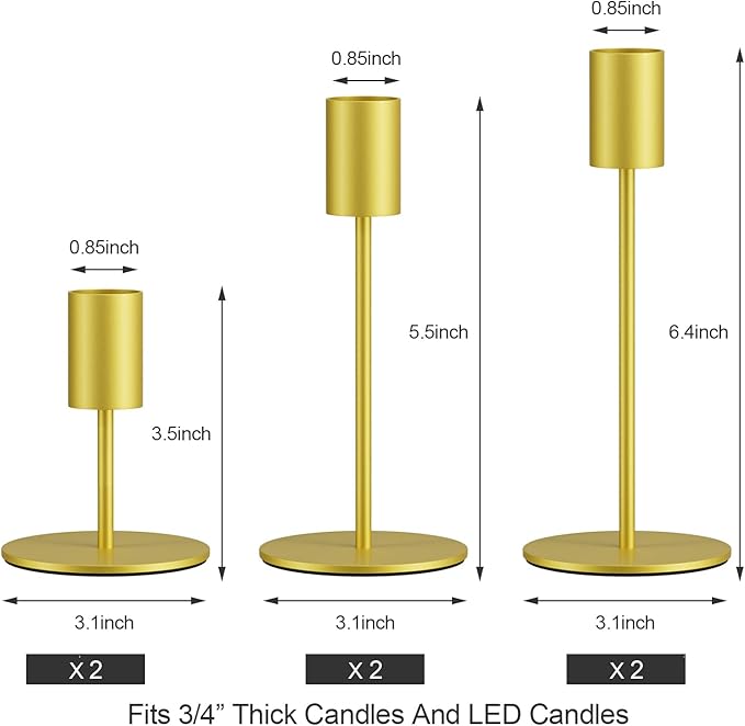 Set of 6 Gold Taper Candle Holders Candlestick Holders, Decor Candle Stick Candle Holder for Table or Mantel Centerpiece, Wedding, Dinning, Party Home Decor