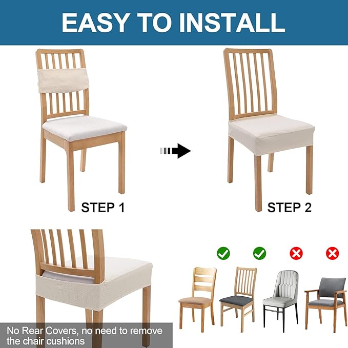 Smiry Waterproof Seat Covers for Dining Room Chairs Set of 2, Stretch Jacquard Removable Washable Chair Seat Slipcovers Protector, No Rear Covers, Beige