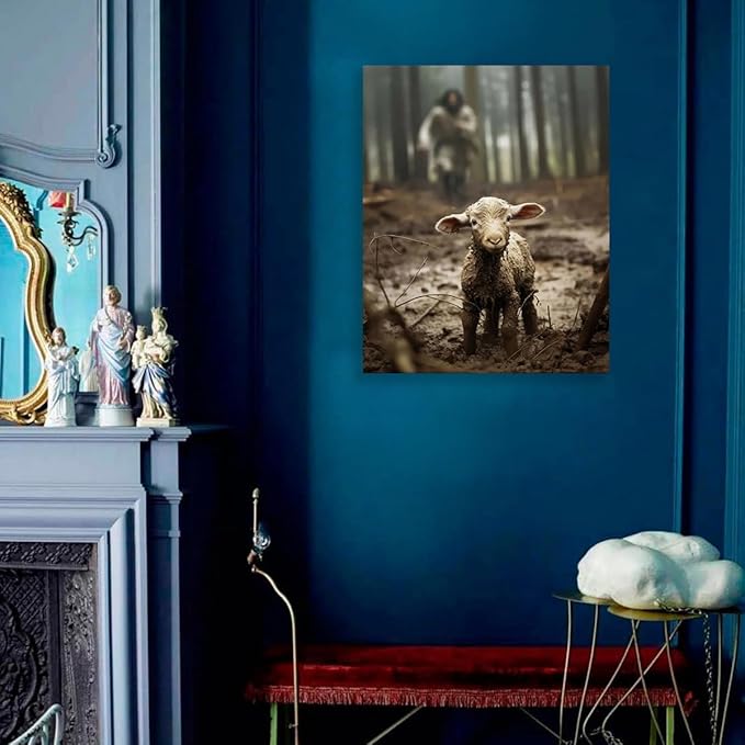 Jesus and Lamb Canvas Wall Art Jesus Running After Lost Lamb Picture Wall Art Canvas Print Christian Home Decor 24x30 inch