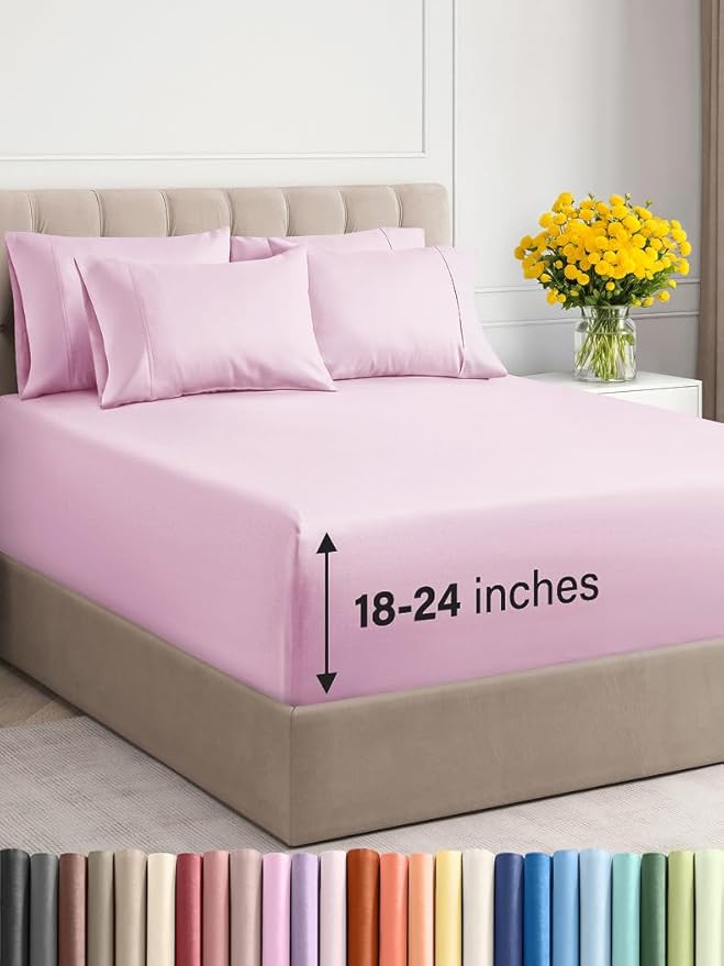Extra Deep Queen Sheet Set - 6 Piece Breathable & Cooling Sheets - Hotel Luxury Bed Sheets Set - Easy & Secure Fit - Soft, Wrinkle Free & Comfy Sheets Set - Light Pink Sheet Set w/Extra Deep Pockets