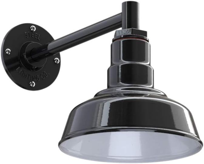 Steel Lighting Co. Hawthorne Barn Light | Outdoor Wall Mounted | 8 inch Dome | 11 inch Straight Arm| Small Farmhouse Light Made in America | Black Exterior/White Interior