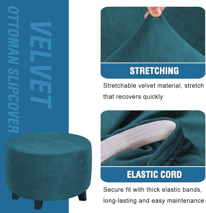 H.VERSAILTEX Round Ottoman Slipcover Ottoman Covers Slipcover Footstool Protector Covers Storage Stool Ottoman Covers Stretch with Elastic Bottom, Feature Real Velvet Plush Fabric (Medium, Deep Teal)