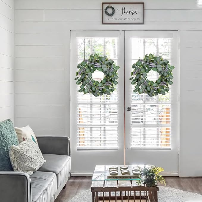 Briful Artificial Greenery Wreath 16in Eucalyptus Door Wreath with Lavender Spring Summer All Season Eucalyptus Floral Hanging Wreath for Home Wall Window Fireplace Farmhouse Decor