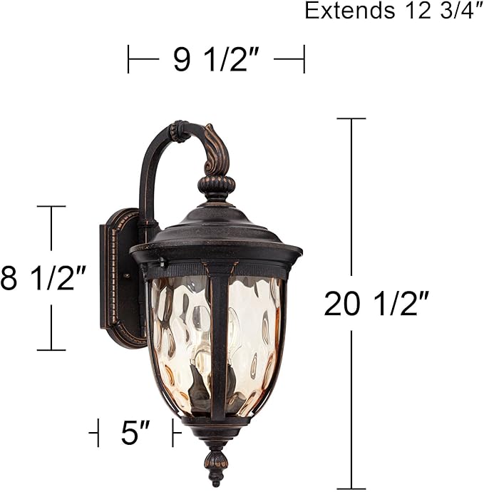 John Timberland Bellagio Vintage Outdoor Wall Light Fixture Bronze Brown Metal 20 1/2" Champagne Hammered Glass Curved Arm for House Porch Patio Outside Deck Garage Yard Front Door Garden Home