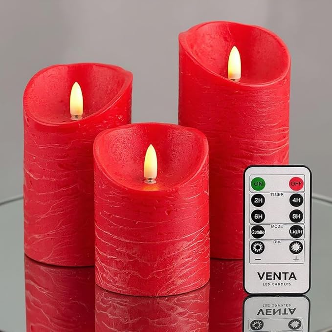 VENTA Flickering Flameless Candles with Remote Control - Battery Operated Candle for Decoration Table, Timer & Dimmer Features, Set - 3Pcs (4",5",6") (Red)