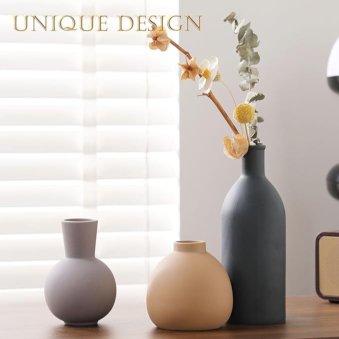 Ceramic Vase Set of 3 - Handcrafted Ceramic Vases for Home Decor & Shelf - Modern Farmhouse Decor for Kitchen, Office, Bedroom & Living Room Decorative Objects for Mantel, Table Centerpieces