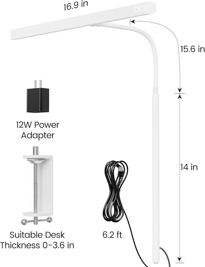 SUPERDANNY LED Desk Lamp for Home Office, Eye-Caring Desk Light with Adjustable Gooseneck, 12W Touch Control Dimmable Brightness, Architect Clamp Lamp with USB Adapter, White