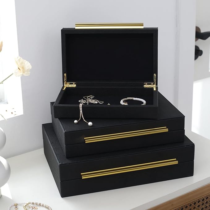 Faux Shagreen Decorative Storage Boxes – Set of 3 Stackable Jewelry Organizers with Gold Metal Handles & Velvet Lining, Modern Black Box for Vanity, Entryway & Coffee Table Décor