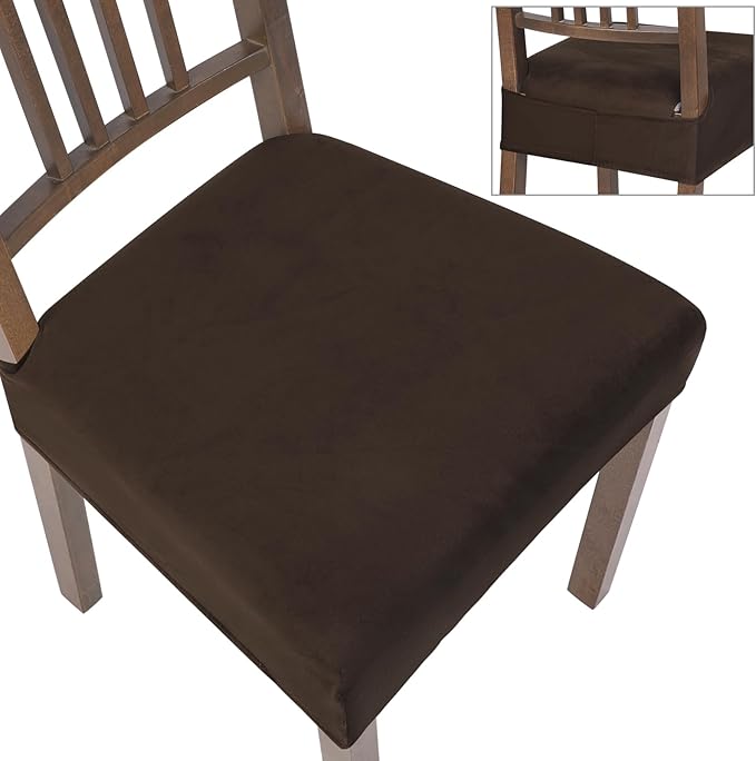 SearchI Stretch Dining Chair Seat Covers Set of 6, Soft Removable Washable Seat Covers for Dining Chairs, Dining Room Seat Cover Protector (Rear-Covered, Velvet Brown)