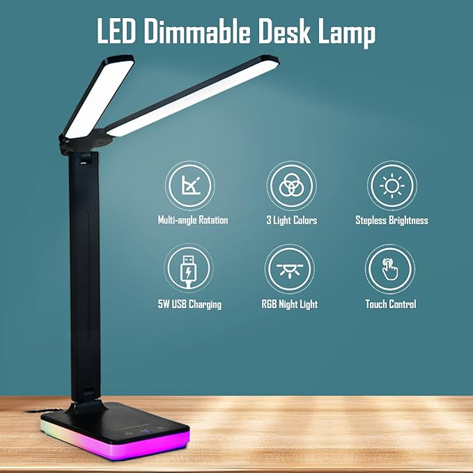 LED Double Head Desk Lamp with RGB Atmosphere Light, 5W USB Output, 5 Color Temp, Slide Steplessly Adjust Brightness, Touch Control, Foldable Table Light with Adapter (Black)