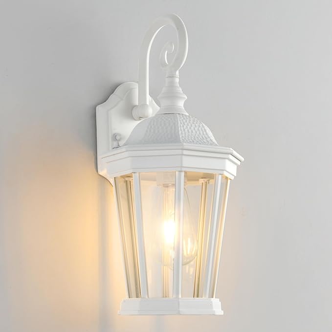 Outdoor Wall Lantern, Waterproof Exterior Wall Light Fixtures, Outdoor Porch Light Fixtures Wall Mount in White Finish with Clear Glass, Aluminum Alloy, 60W
