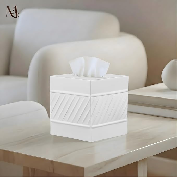 Monarch Abode Tissue Box Cover Square – Handcrafted Wave Embossed White Metal Tissue Holder Box for Bathroom Accessory, Aesthetic Decorative Facial Napkin Cube for Modern Home Decor