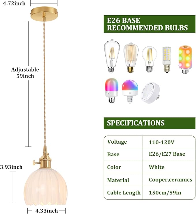 Pendant Light with White Tulip Glass Lmapshade, Brass Vintage Pendant Light Adjustable Hanging Light for Kitchen Island Dining Room Hallway