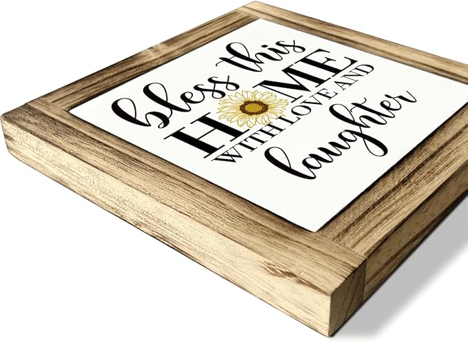Inspirational Home Signs, Decorative Wooden Box Signs, Farmhouse Desk Sign Decor, Christian Homes Decor, Living Room Decors, Bless This Home with Love and Laughter Sign, 5.9×5.9 inches