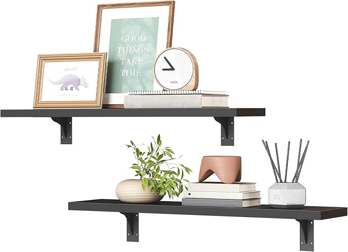 HOOBRO Floating Shelves for Wall, 15.4" Wall Mounted Shelves Set of 2, Hanging Storage Shelf with Metal Brackets, Wooden Shelf for Living Room, Bedroom, Bathroom, Black BK42BJP201G1