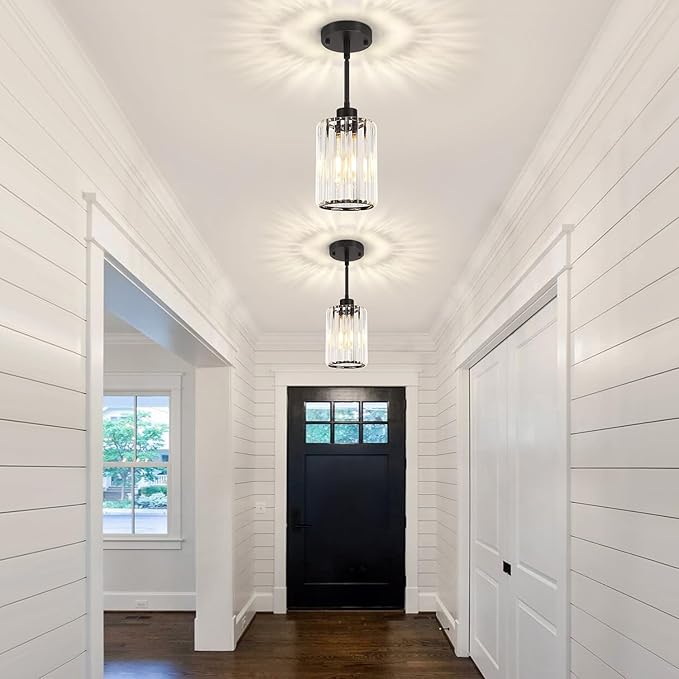 Black Pendant Light, Modern Crystal Pendant Lights Kitchen Island Lighting, Hanging Light Fixtures Mini Chandelier Pendant Lights for Island Dining Room Hallway Bedroom