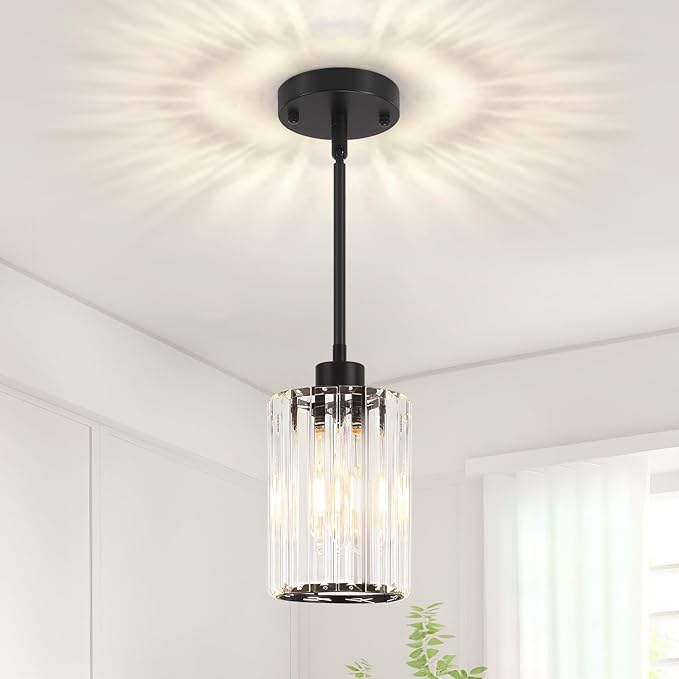 Black Pendant Light, Modern Crystal Pendant Lights Kitchen Island Lighting, Hanging Light Fixtures Mini Chandelier Pendant Lights for Island Dining Room Hallway Bedroom