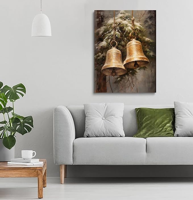 Vintage Christmas Wall Art, Brass Bells Print, Holiday Decor, Winter Print, Living Room Bedroom Dorm Decor - 12x16 Inch Framed Art