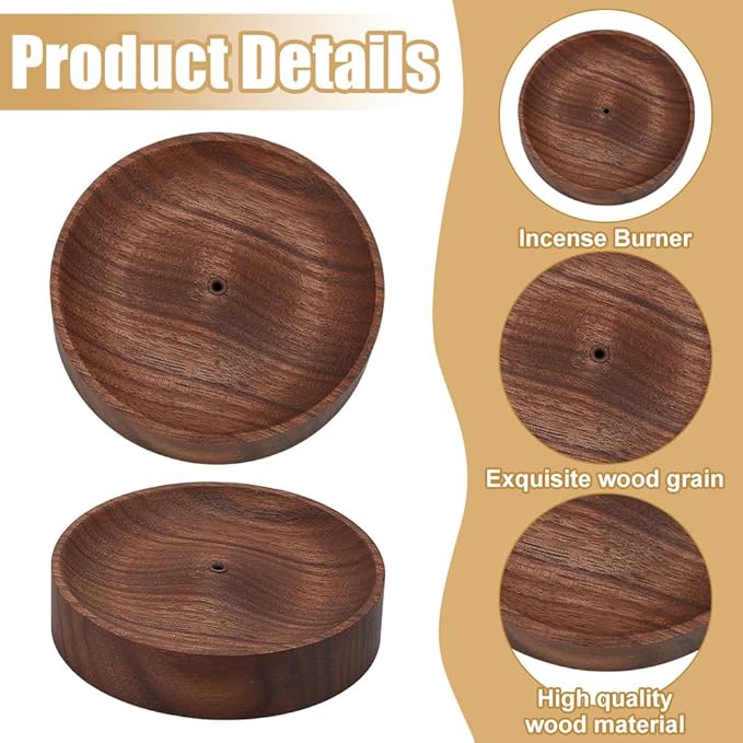 WEBEEDY 2 PCS Walnut Incense Holder for Sticks Round Wooden Incense Burner Tray Black Walnut Ash Catcher Wood Incenses Bowl for Home Yoga Meditation Office Christmas Decoration, 3.58 inch