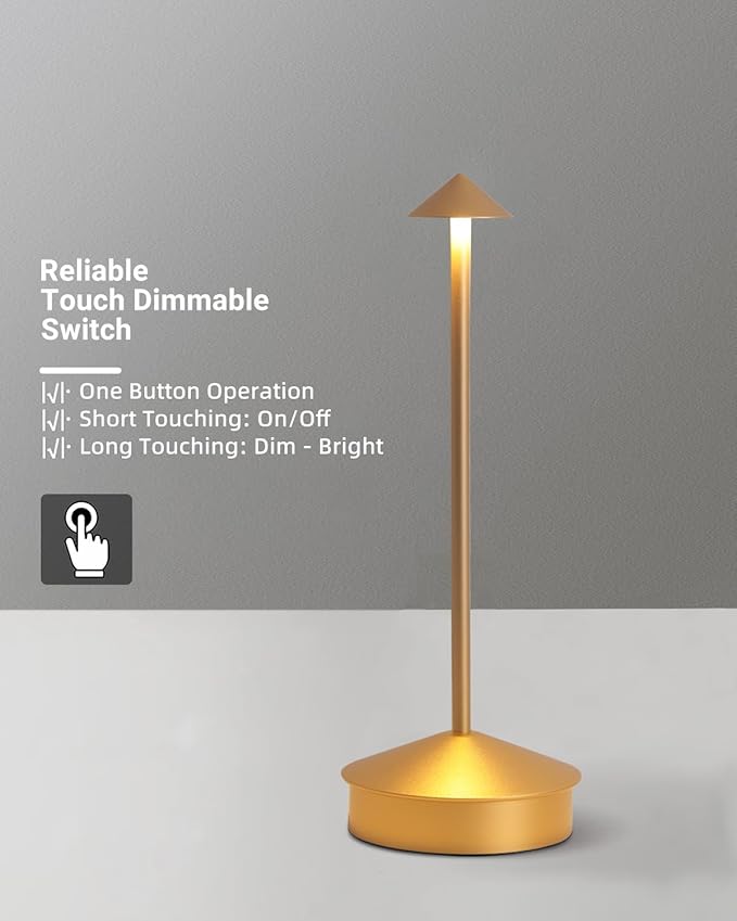 Modern Cordless Table Lamp, 6000mAh Rechargeable Table Lamps, Portable Touch LED Lamp, Outdoor Waterproof Dimmable Cordless Rechargeable Table Lamps for Restaurant/Patio/Outdoor (1 Pcs Gold)