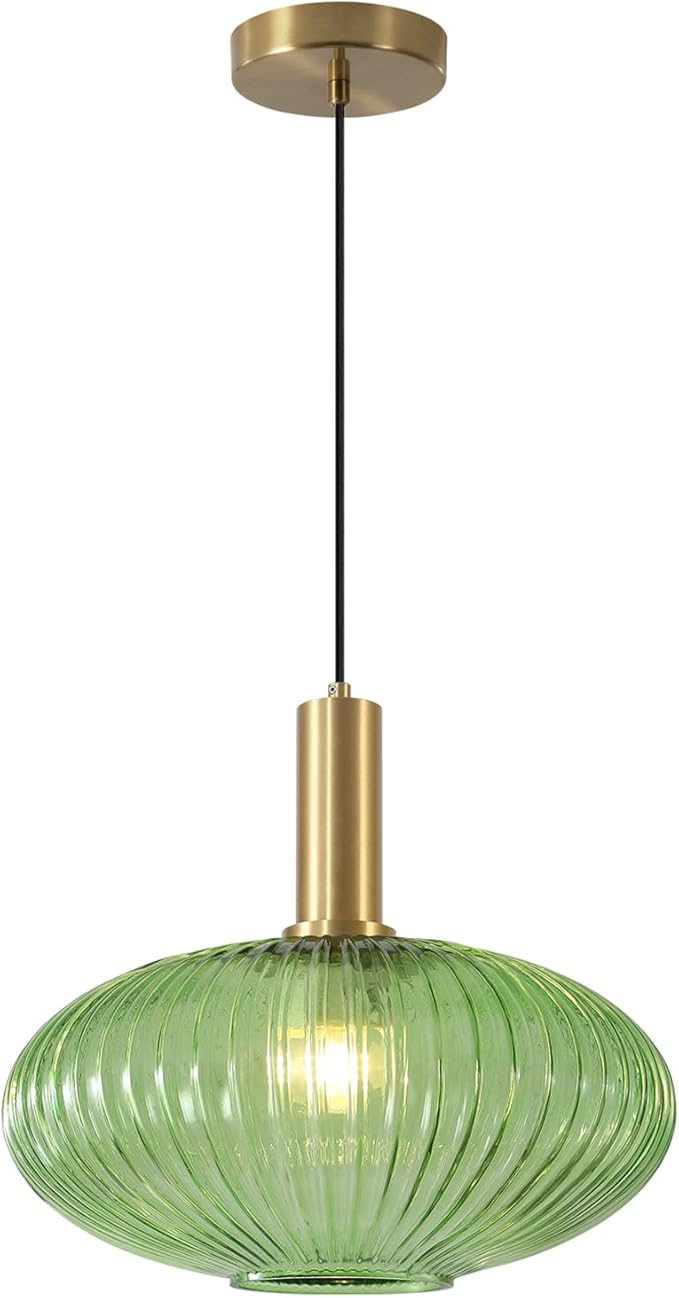 KCO Lighting Modern Gold Pendant Lights Kitchen Island Lighting Large Green Glass Globe Pendant Light Brass Dining Room Hanging Light Fixture Vintage Ribbed Ceiling Light