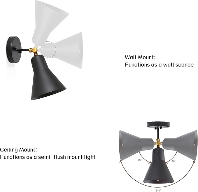 LALUZ Black Wall Sconce with Swing Arm, Adjustable Modern Farmhouse Wall Light with Gold Accent for Bedroom, Kitchen, Bathroom, Bedside Reading