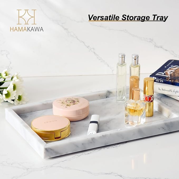 Large Bathroom Vanity Tray, Real Natural Marble Tray 12 inch, Carrara White Stone Toilet Tank Trays, Modern Dresser Trays, Countertop Organizer for Kitchen Counter, Soap Dispenser