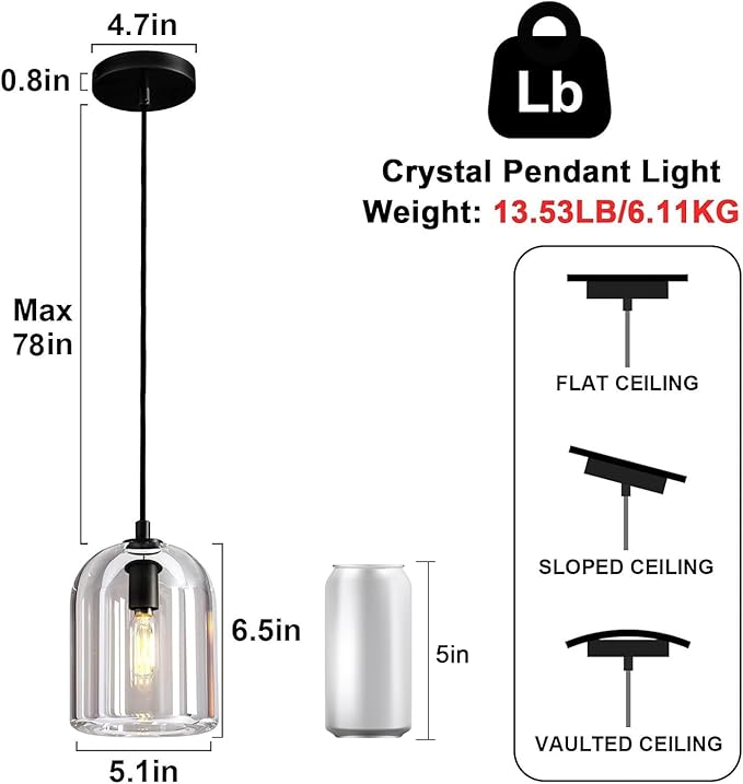 Black Pendant Light Fixtures, Crystal Modern Pendant Lights, Indoor Pendant Light for Kitchen Island Dining Room Living Room Bedroom Bathroom, E12 Bulb Included