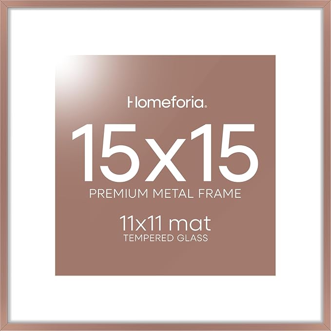 Homeforia 15x15 Picture Frame Mocha, High End Metal 15 x 15 Square Poster Frames with Mat 11 x 11 Photo, 15x15 Mocha Frame Matted to 11x11 Print, 15by15 Thin Frames, Tempered Glass, Wall Kit, Set of 1