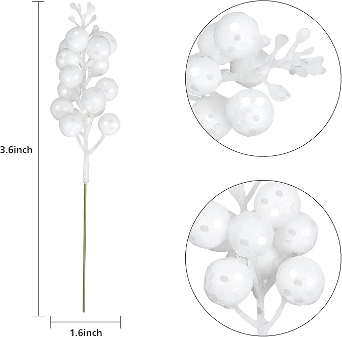 DearHouse 14 Pack Christmas Glitter Berries Stems, 7.8Inch Artificial Christmas Picks for Christmas Tree Ornaments, DIY Xmas Wreath, Crafts, Holiday and Home Decor (White)