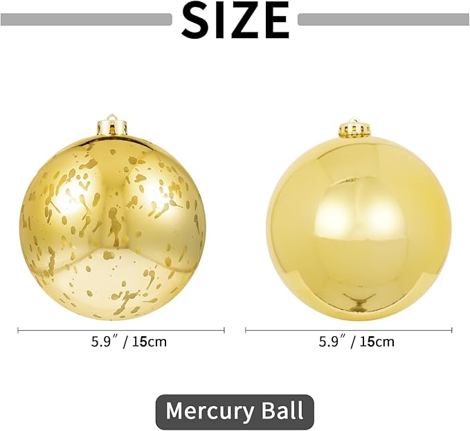 XmasExp Large Christmas Ball Ornaments,2pcs Gold Giant Shatterproof Plastic Hanging Mercury Xmas Ball Decorations Christmas Tree Ornaments (Gold, 6")