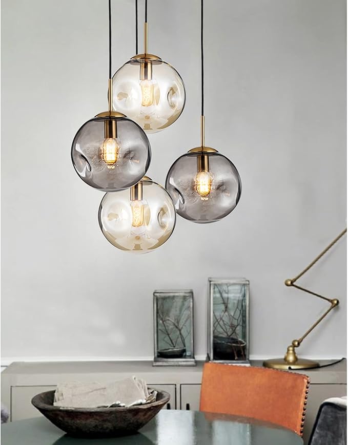 Brikey Glass Spherical Pendant Light,Gold Iron & Glass Globe Hanging Ceiling Lamp (7.8‘’, Amber)