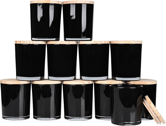 SHOWIN Thick Candle Jars for Making Candles 12 Pcs, 7 OZ Empty Jars with Wood Lids for Candle Making, Sample Container, Inner Black