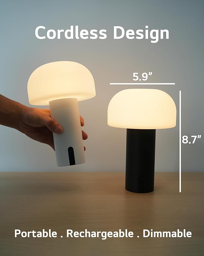 Outdoor Mushroom Table Lamp Rechargeable, Cordless Lamps for Patio Waterproof, Portable Battery Operated Lamp with USB Charging, Touch Dimming Night Light for Home/Porch/Restaurant (White)